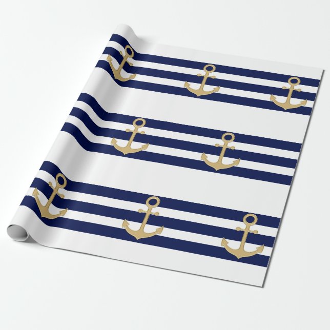 Nautical Navy Blue White Stripes Gold Anchor Wrapping Paper (Unrolled)