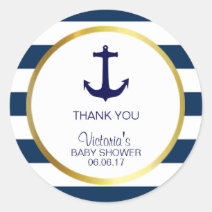 Nautical Navy Blue White Stripes Gold Baby Shower Classic Round Sticker