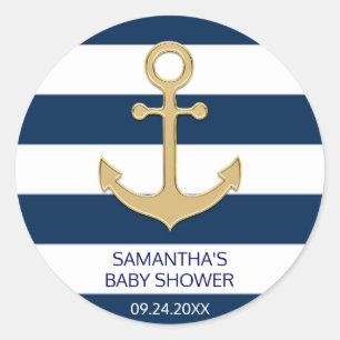 Nautical Navy Blue White Stripes Gold Baby Shower Classic Round Sticker
