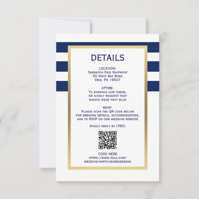 Nautical Navy Blue White Stripes QR CODE Wedding RSVP Card (Front)