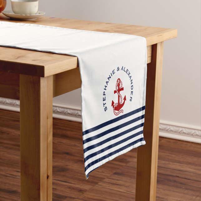 Nautical Navy Blue White Stripes & Red Anchors Short Table Runner (In Situ)
