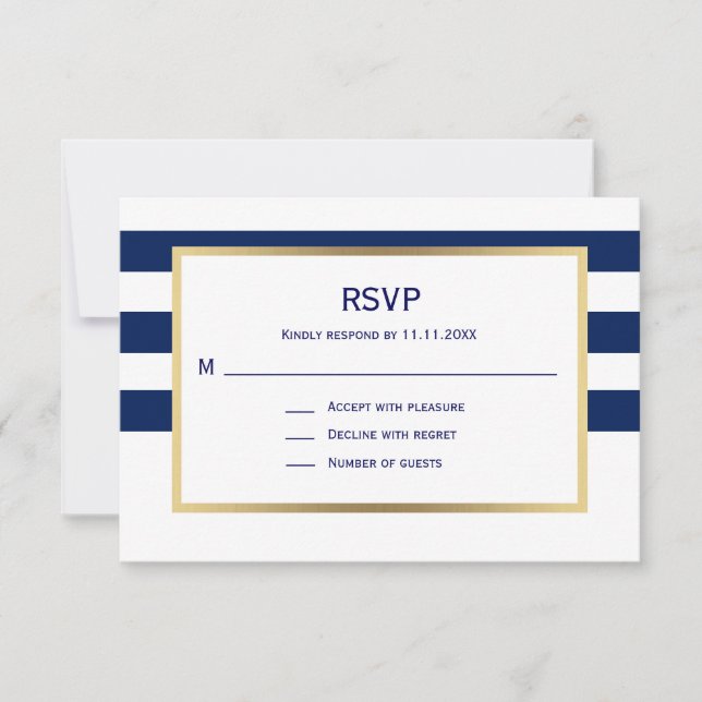Nautical Navy Blue White Stripes RSVP Wedding (Front)