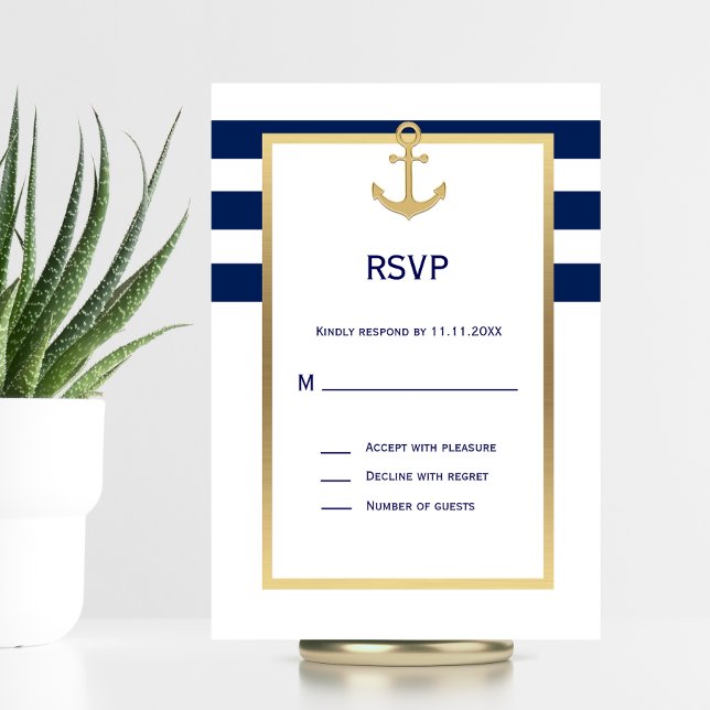 Nautical Navy Blue White Stripes RSVP Wedding Card (Creator Uploaded)