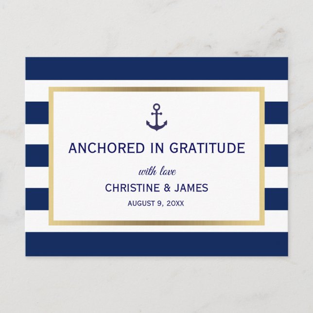 Nautical Navy Blue White Stripes Thank You Wedding Postcard (Front)