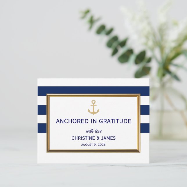 Nautical Navy Blue White Stripes Thank You Wedding Postcard (Standing Front)