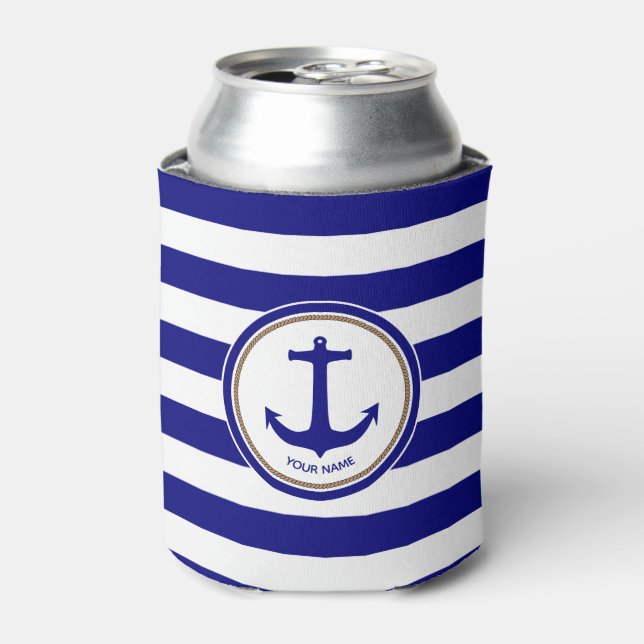 Nautical Navy Blue White Stripes with Anchor Can Cooler (Can Front)