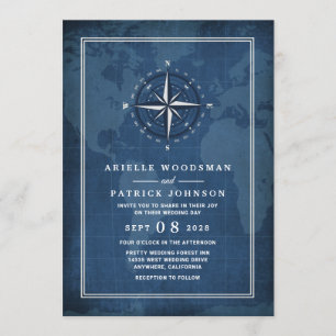 Nautical Navy Blue & White Vintage Compass Wedding Invitation