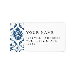 Nautical Navy Blue White Vintage Damask Pattern Label