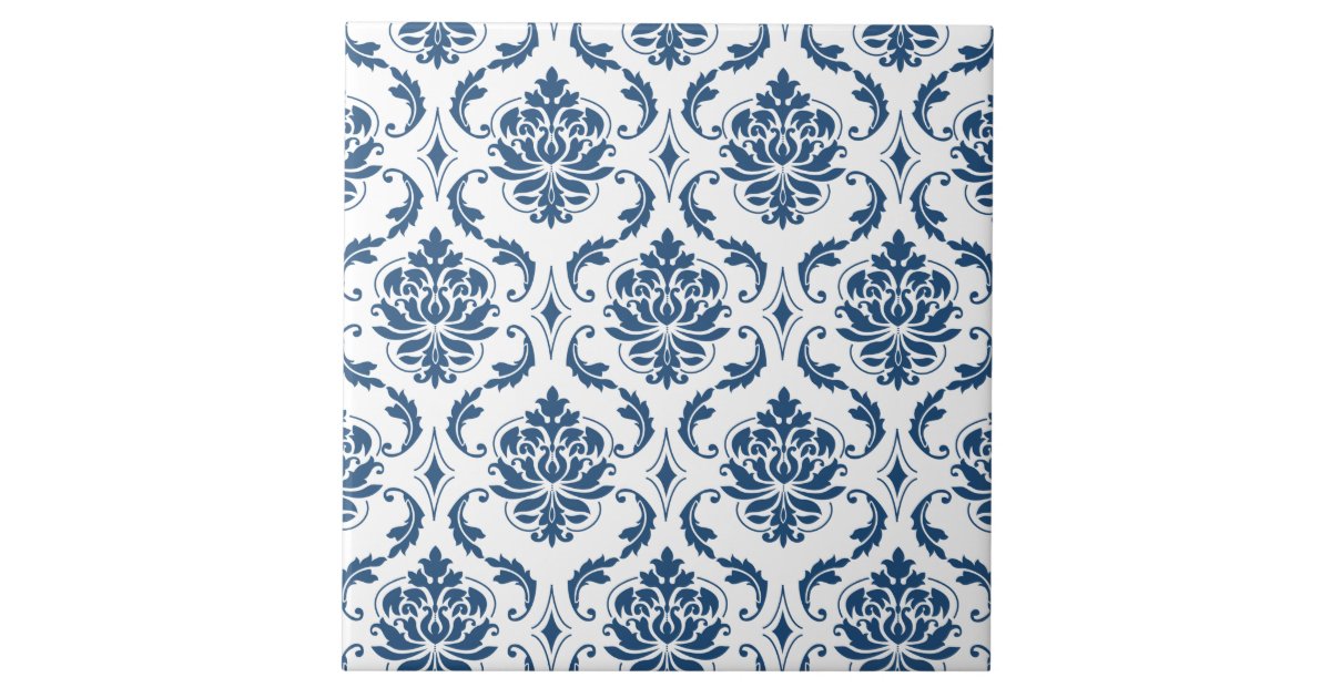 Nautical Navy Blue White Vintage Damask Pattern Tile Zazzle