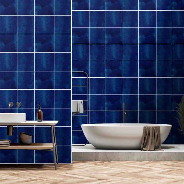 Nautical Navy Blue White Watercolor Tiles Wallpaper (Bathroom)