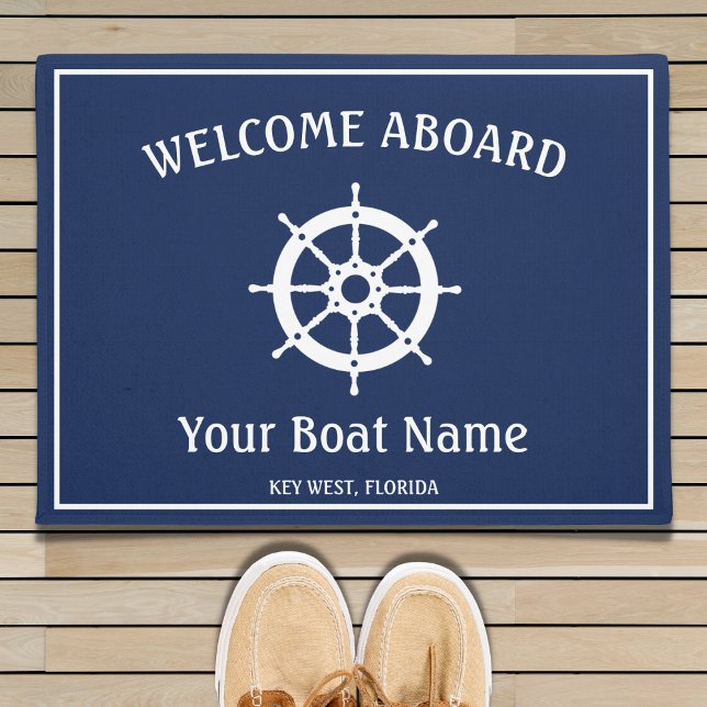 Nautical Navy Blue White Welcome Aboard Boat Helm Doormat (Creator Uploaded)