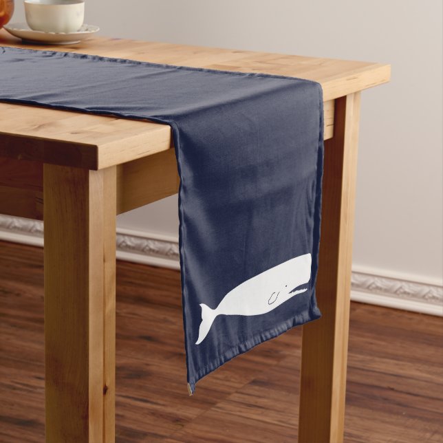 Nautical Navy Blue & White Whale Medium Table Runner (In Situ)