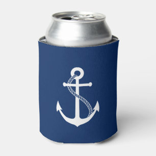 Nautical Navy Blue with White Anchor Can Cooler