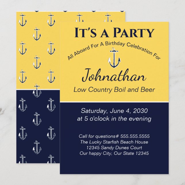 Nautical Navy Blue Yellow Anchor Birthday Party Invitation (Front/Back)