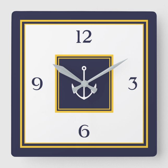 Nautical Navy Blue Yellow Anchor Square Wall Clock (Front)