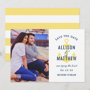 Nautical Navy Blue Yellow Anchor Wedding Photo Save The Date