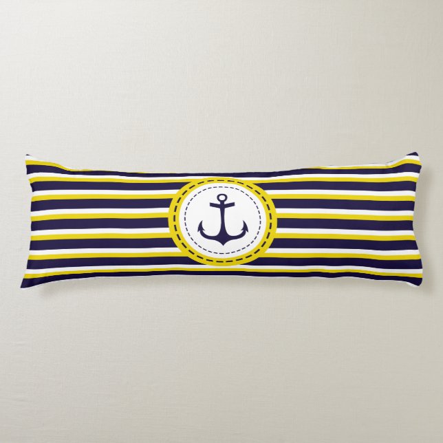 Nautical Navy Blue Yellow Stripes Anchor Design Body Cushion (Front)