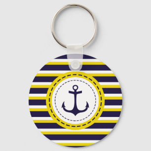 Nautical Navy Blue Yellow Stripes Anchor Design Key Ring