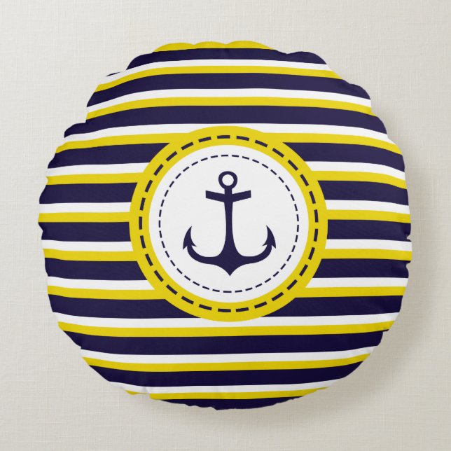 Nautical Navy Blue Yellow Stripes Anchor Design Round Cushion (Front)