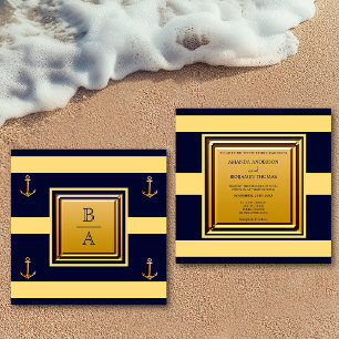 Nautical Navy Blue Yellow Stripes Anchor Wedding Invitation