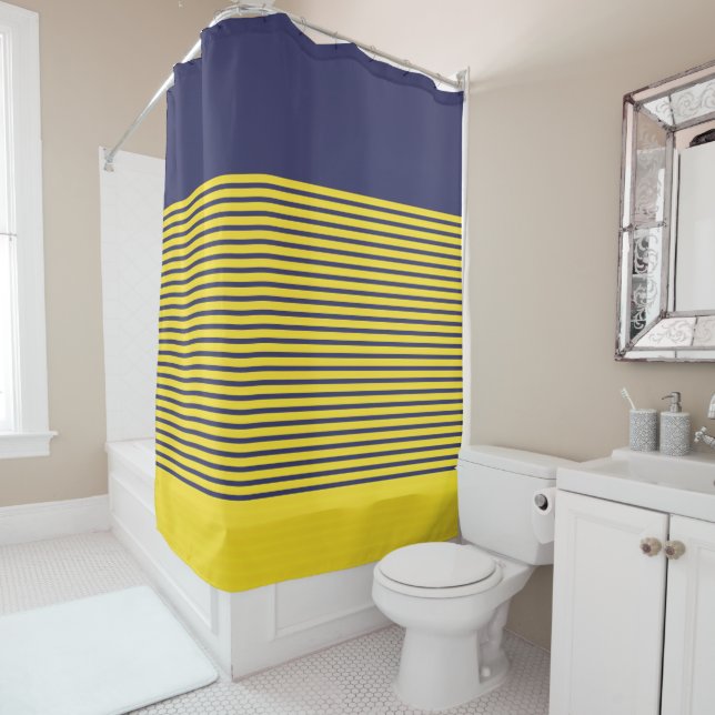 Nautical Navy Blue Yellow Stripes Shower Curtain (In Situ)