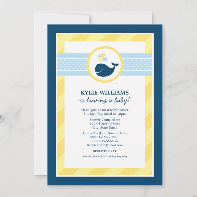 Nautical Navy Blue Yellow Whale Boy Baby Shower Invitation (Front)