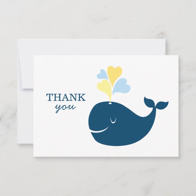 Nautical Navy Blue Yellow Whale Boy Baby Shower Thank You Card (Front)