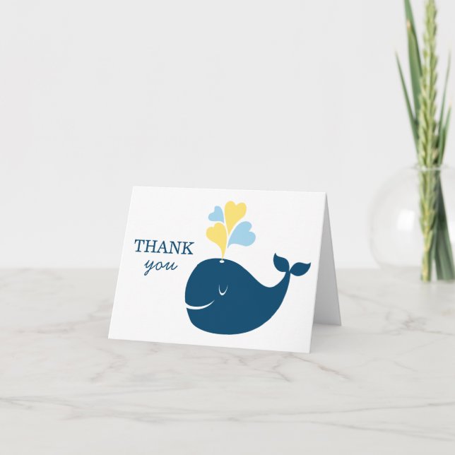Nautical Navy Blue Yellow Whale Boy Baby Shower Thank You Card (Front)