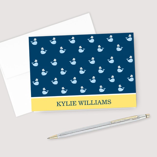 Nautical Navy Blue Yellow Whale Pattern Custom Note Card (Creator Uploaded)