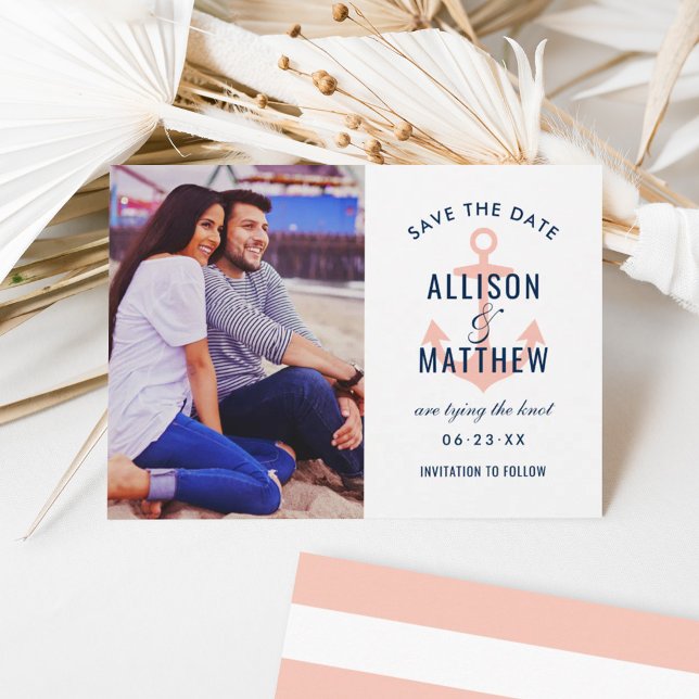 Nautical Navy Blush Pink Anchor Wedding Photo Save The Date (Creator Uploaded)