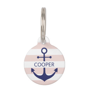 Nautical navy blush pink stripes custom name info pet tag