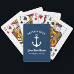 Nautical Navy Captain Boat Name Custom Playing Cards<br><div class="desc">A navy blue custom playing card featuring the captain's name in arched spaced lettering above a white anchor, with the boat name in script and home port below. This monogrammed deck makes an ideal gift for captains, boat owners, or sailing enthusiasts. Customise the captain's name, boat name, location, and back...</div>