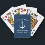 Nautical Navy Captain Boat Name Custom Playing Cards<br><div class="desc">A navy blue custom playing card featuring the captain's name in arched spaced lettering above a white anchor, with the boat name in script and home port below. This monogrammed deck makes an ideal gift for captains, boat owners, or sailing enthusiasts. Customise the captain's name, boat name, location, and back...</div>