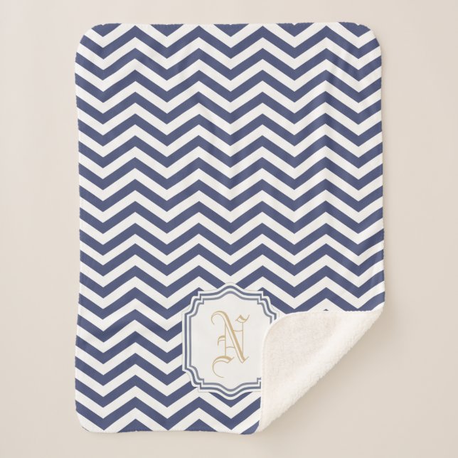 Nautical Navy Chevron Monogramed Sherpa Blanket (Front)