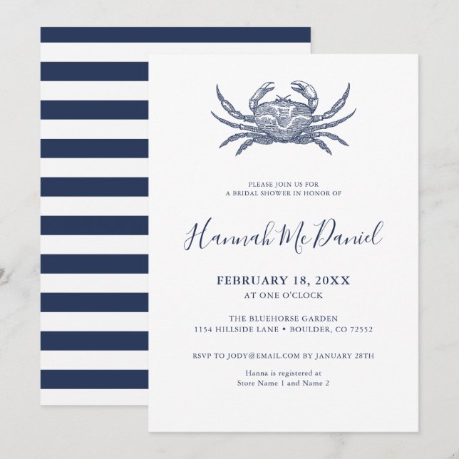 Nautical Navy Crab Bridal Shower Invitation Card (Front/Back)