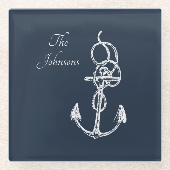 Nautical Navy Custom Family Name Anchor  Glass Coaster (Front)