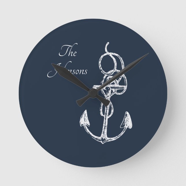 Nautical Navy Custom Family Name Anchor Trivet Round Clock (Front)
