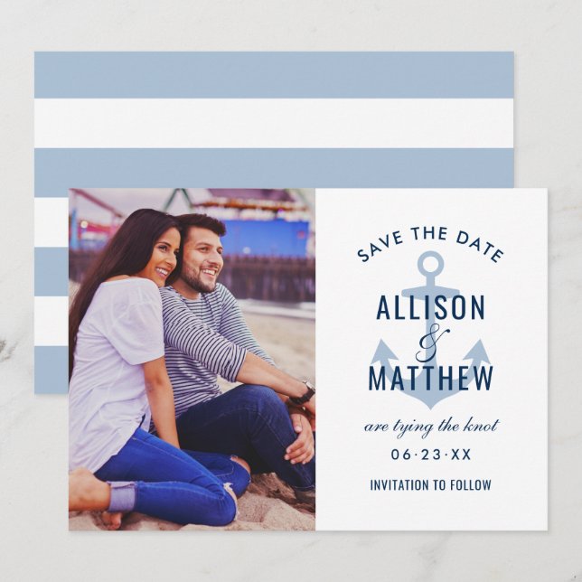 Nautical Navy Dusty Blue Anchor Wedding Photo Save The Date (Front/Back)