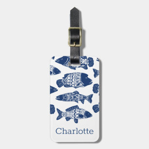 Nautical Navy Floral Fish Luggage Tag