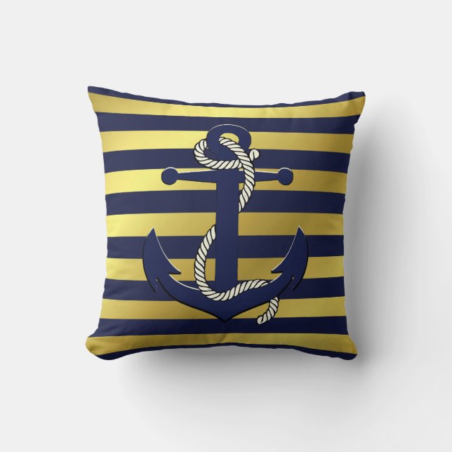 Nautical navy/gold anchor/wheel/navy blue stripe   cushion (Front)