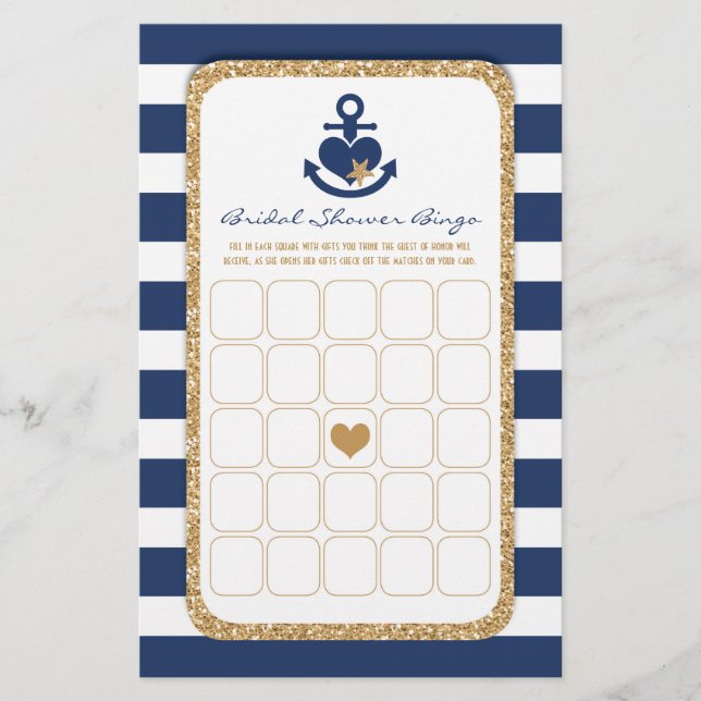 Nautical Navy & Gold Bridal Shower Bingo Flyer (Front)