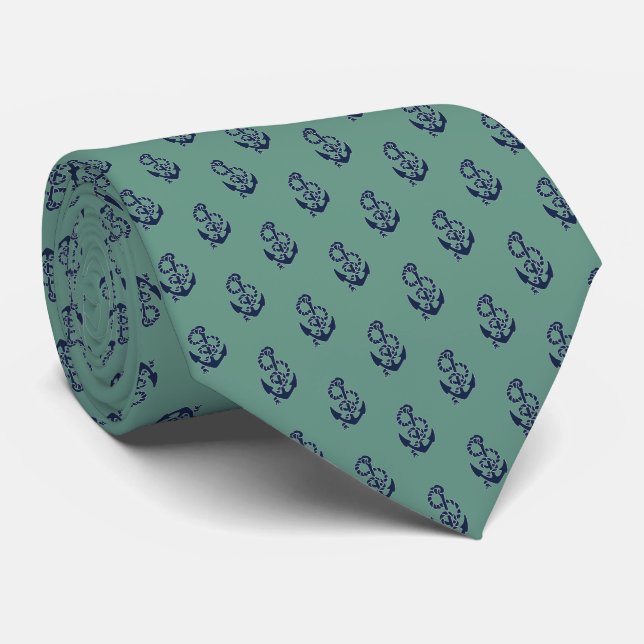 Nautical Navy & Green Anchor Pattern Tie (Rolled)