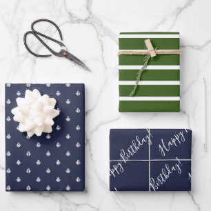 Nautical Navy & Green Birthday Wrapping  Paper Sheet