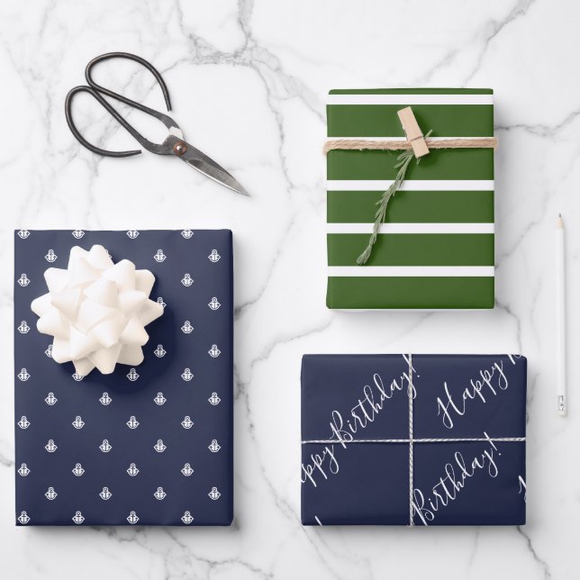 Nautical Navy & Green Birthday Wrapping  Paper Sheet (Front)