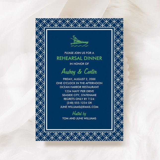 Nautical Navy Green Boat Wedding Rehearsal Dinner Invitation (Creator Uploaded)