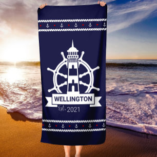 Nautical Navy Lighthouse Custom Beach Towel