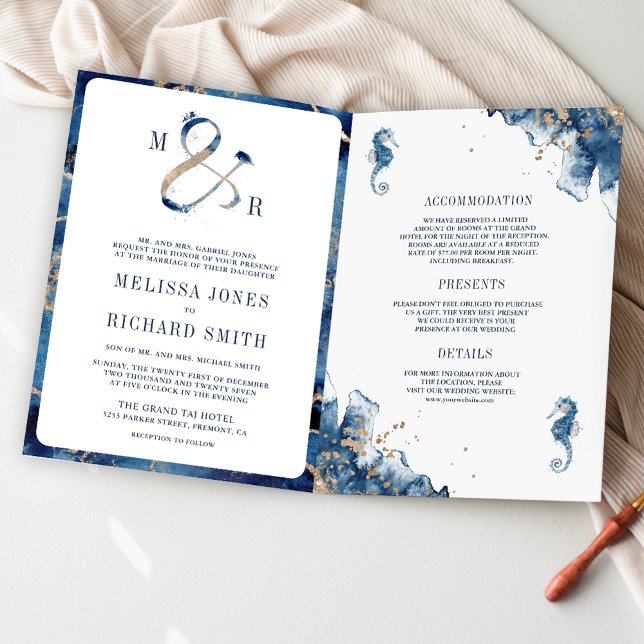 Nautical Navy Monogram Ampersand QR Code Wedding Invitation (Creator Uploaded)