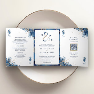 Nautical Navy Monogram Ampersand QR Code Wedding Tri-Fold Invitation
