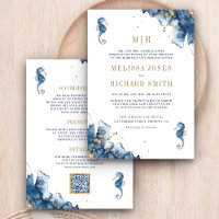 Nautical Navy Monogram Seahorse QR Code Wedding