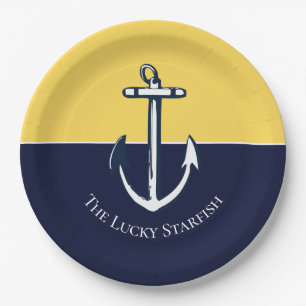 Nautical Navy Mustard Yellow Anchor beach house Paper Plate